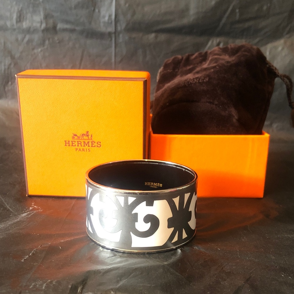 Hermes Wide cuff bangle bracelet white enamel & palladium, box and pouch PM - Picture 3 of 7